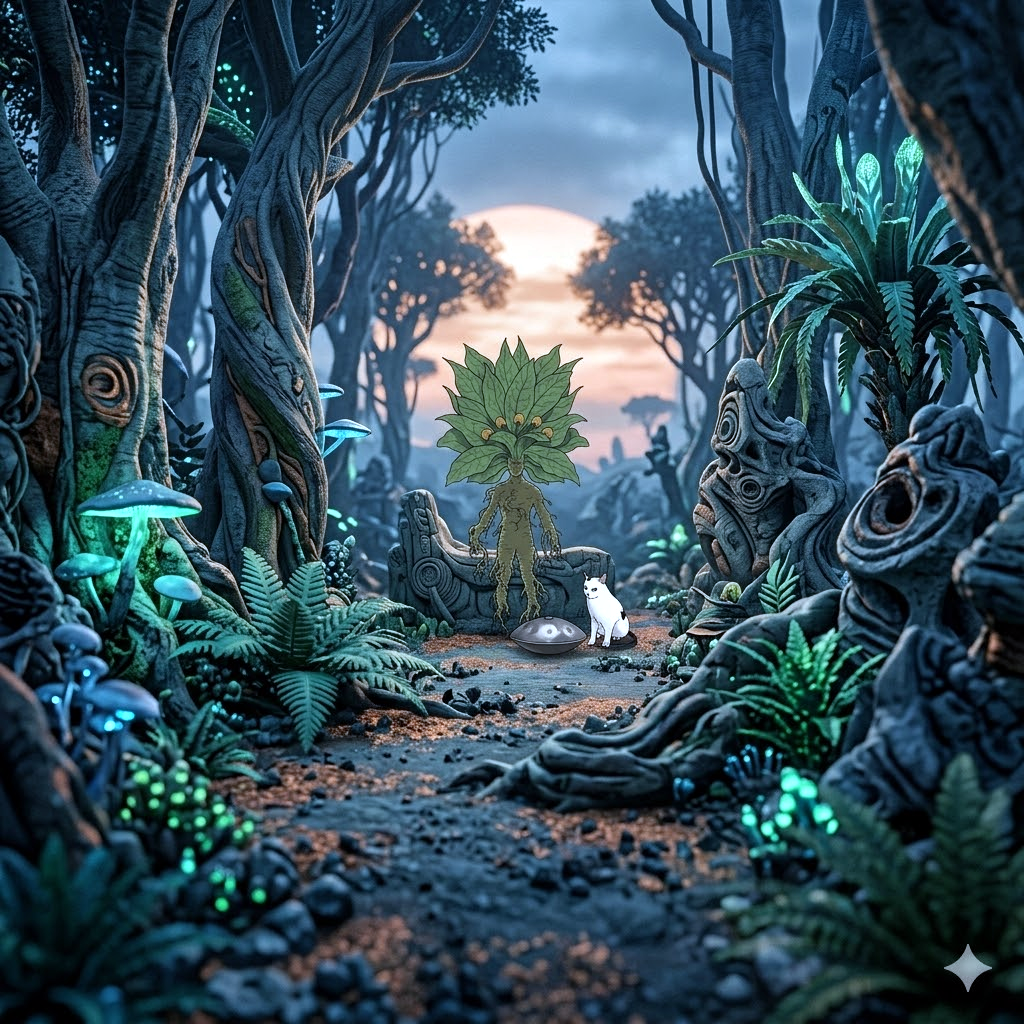 SKUIXO em pe na floresta bioluminescente diante do hang drum ao lado do gato
